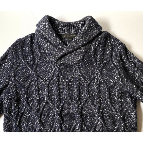 Banana Republic Sweater Mens S Preppy Navy Cable Knit Shawl Neck Yak Hair - Picture 3 of 12